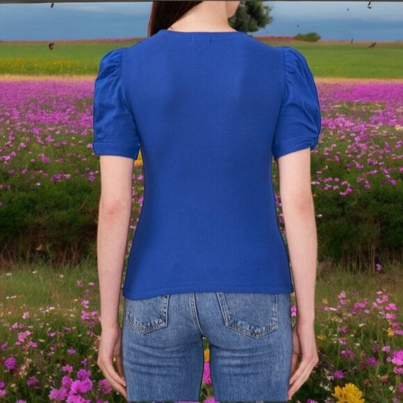 NWT - VINCE CAMUTO 100% COTTON BLUE PUFF SLEEVE RIB TOP - SIZE XXL - Picture 4 of 7